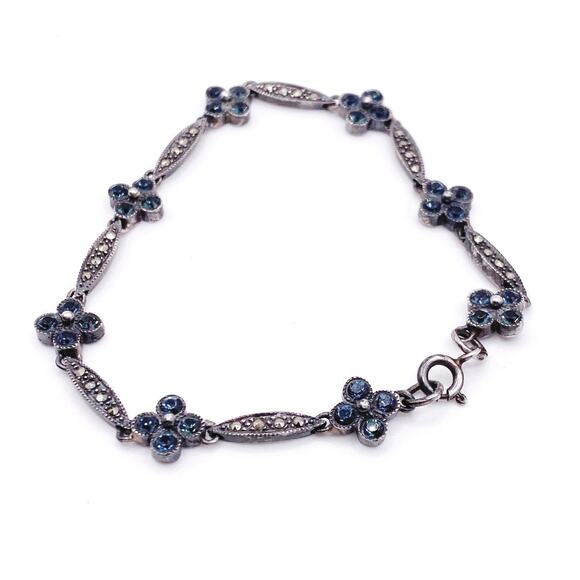 Vntg Sterling Silver With Blue Crystal and Marcasite Flowers Bracelet - Picture 3 of 5